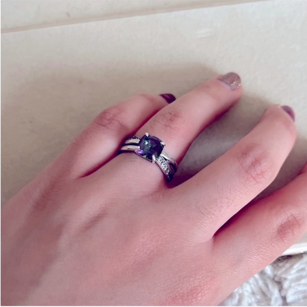 Sterling Silver Mystic Fire Topaz and Created White Sapphire Cushion Ring
